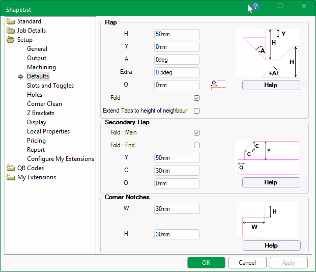 Setup Defaults : Flaps & Notches