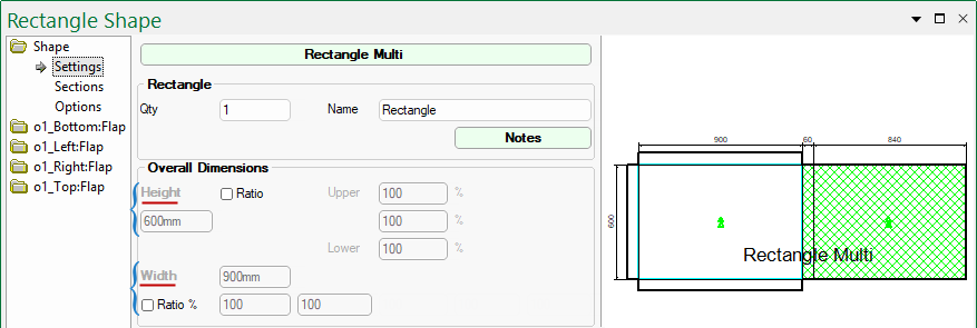 Click to view Width Ratio % for rectangle with 5 sections and example of use.